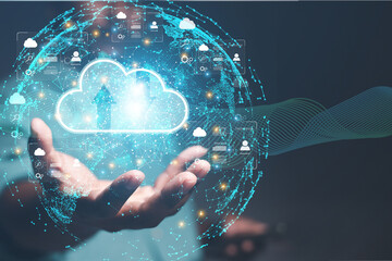 Cloud concept. Businessman showing online business technology system. Communication touches a global network and customer data connection. digital marketing
