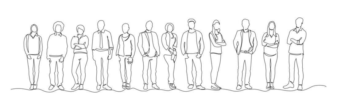 Continuous line drawing of diverse group of standing people. continuous line drawing of group of various positive diverse people standing in a row