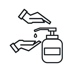 Washing hands with sanitizer soap gel vector line icon isolated on white background. Sanitary antiseptic icon for hygiene virus and hand care. Washing hands, anti bacterial soap gel. 10 eps