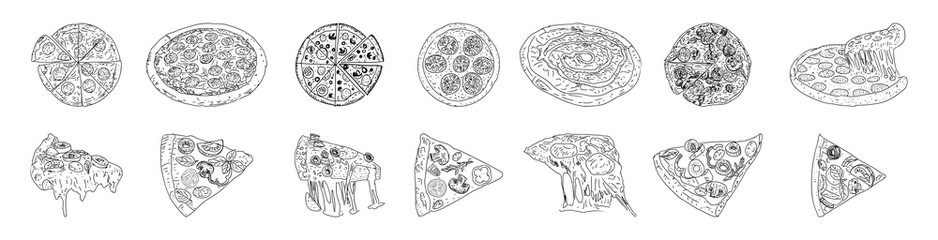 Pizza set, sketch style. Top view. Design template. Collection of pizza with ingredients. Engraved style illustration. Great for menu, poster or label. Vector.