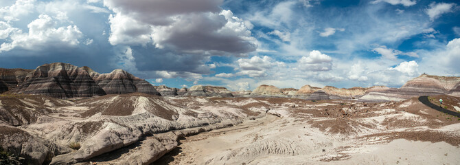 Panorama of The Painted Desert in Arizona on a Cloudy Day with a Beautiful Sky looking at the Blue...