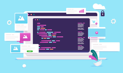 Computer programming - Vector illustration of laptop with code on screen and design elements around