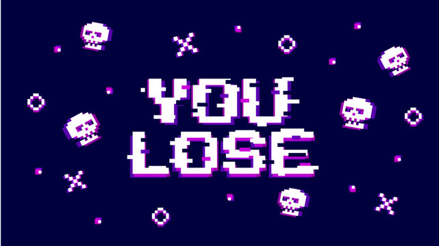 You Lose vector illustration. Rich violet background with text you lose, icons and scull in glich error style. Template banner for website, poster or stream. 