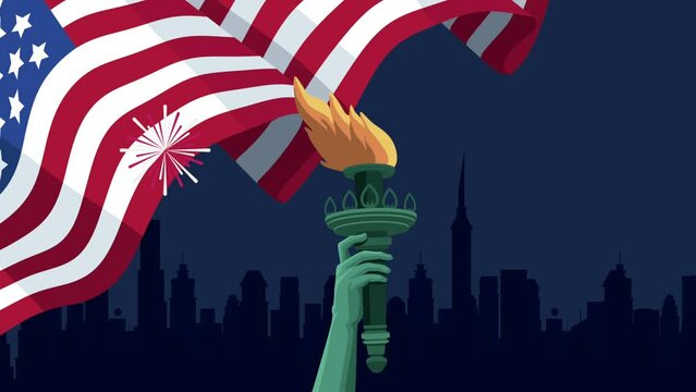 usa flag and liberty statue torch