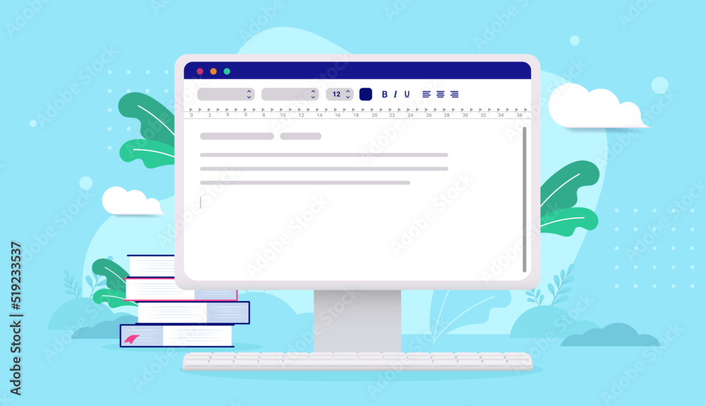 Poster Text and word editing software - Desktop computer with text document on screen. Vector illustration