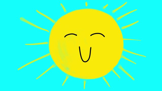 Cute cartoon smiling sun on a blue screen. A cheerful kind character blinks shyly. The concept of a warm summer day. 4k children's animation with alpha channel.