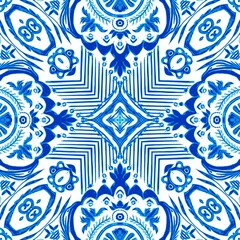 Blue white watercolor azulejos tile background. Seamless coastal geometric floral mosaic effect. Ornamental arabesque all over summer fashion damask repeat