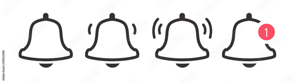 Wall mural notification bell icons set line style isolated on white background for alarm clock, subscribe butto