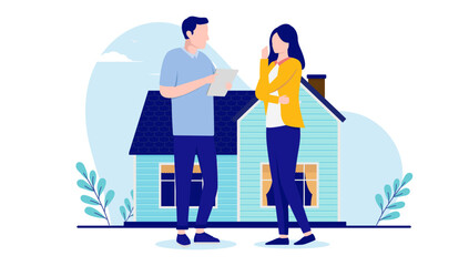 Fototapeta na wymiar Couple in front of house - Man and woman buying home standing and contemplating. Flat design vector illustration