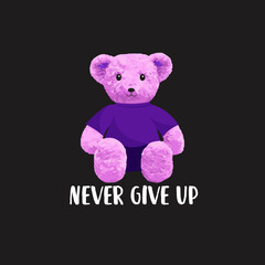 Never Give Up Slogan. Cute pink bear doll vector illustration on black background