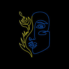 Woman face with flower drawn by one line. Ukrainian ornament. Folk art. Continuous line drawing beauty art. Blue and yellow colors. Vector stock illustration in minimal style.