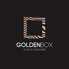 Golden box logo abstract line style for monogram, luxury shop, boutique emblem, minimal premium logotype, simple sign, elegance label, cafe, hotel, restaurant. Gold frame. Vector 10 eps