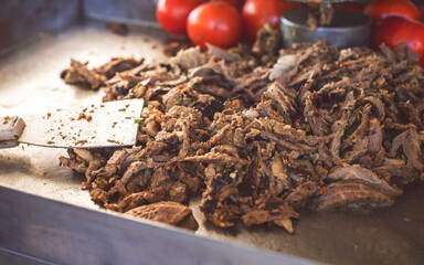 Arabic Cuisine; Delicious thin cuts of seasoned  meat. Close up for traditional Middle Eastern 