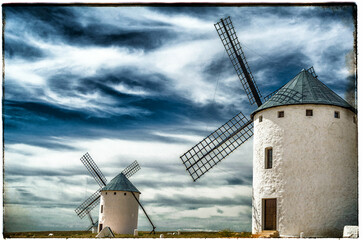 Traditional Spanish windmill in Campo de Criptana, Spain, on the famous Don Quixote Route