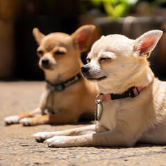 Two beautiful chihuahua dogs lying on the stone payment close up