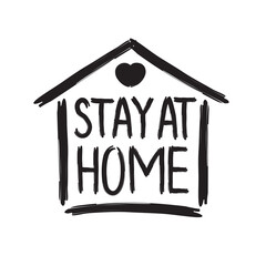 Stay at home. Hand drawn quote isolated on white background with house and heart for self isolation, quarantine. Modern typography for pillow, mug, cup, poster, home decor, kids room. Vector 10 eps