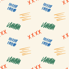Cheerful colorful doodles, seamless pattern. Creative minimalist art background for kids or trendy design with basic shapes. Flat design, hand drawn, cartoon.