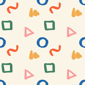 Cheerful colorful doodles, seamless pattern. Creative minimalist art background for kids or trendy design with basic shapes. Flat design, hand drawn, cartoon.