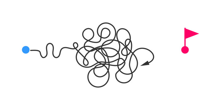 Chaotic curved path with deflected arrow from start point to finish flag. Failed plan, unfinished challenge, failure idea, no ending way concept. Vector flat illustration