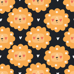 Seamless pattern with lion. Cute cartoon lions, stars. Scrapbook printable paper. 