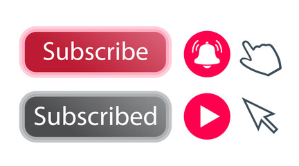 Subscribe red button set with notification bell, hand cursor for channel, blog, vlog, social media, motion, marketing isolated on white background. Vector 10 eps