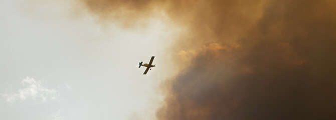 Firefighting plane flying into a large cloud of smoke caused by a forest fire