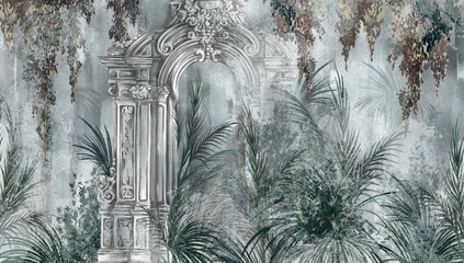 Fototapety  watercolor tropics with columns on a textured background with leaves with watercolor elements draw photo wallpaper in the interior