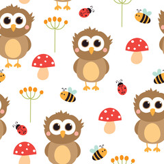 Cute owl seamless pattern. Autumn texture with owls, mushrooms, bees, ladybug and plants. Vector illustration.