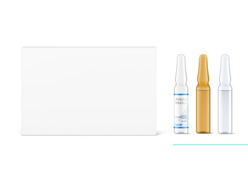 Set of transparent and amber glass ampoule mockup with box. Vector illustration isolated on white background. Can be use for medicine, cosmetic and other. Ready for your design. EPS10.