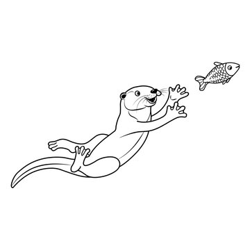 Vector hand drawn outline sketch cute otter isolated on white background. Happy otter swimming and catch fish. Black and white animal illustration.