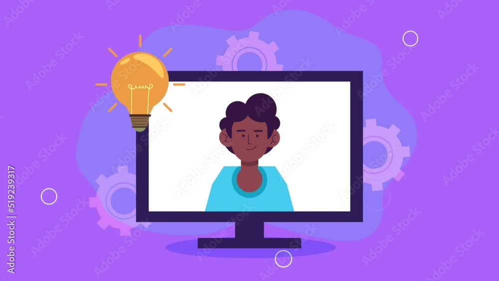 Sticker afro young man in desktop animation