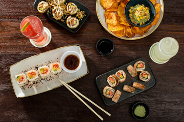 Sushi table with drinks