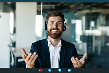 Screen view of confident businessman making video call, having virtual online meeting, talking to...
