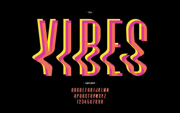 Vector vibes font modern colorful style trendy typography for decoration, logo, summer party poster, t shirt, book, card, banner, printing, stamp. Cool alphabet. Trendy typeface. 10 eps
