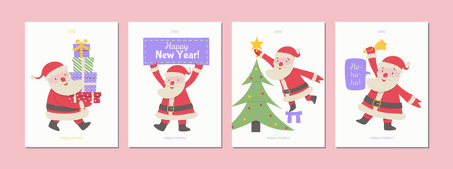 Vector Merry Christmas greeting card collection cute Santa cartoon style with gift for tag, party poster, decoration, templates, postcard, banner. Hand drawn holiday poster 10 eps