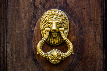 Vintage antique bronze gilt round lion head door handle on a front door, gate. Entrance to a residential building, castle. Detail of exterior, architecture. Door knocker on a wooden brown background.