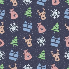 vector christmas pattern with holiday symbols - deer, gifts, snowflake, christmas tree for decoration, website, calendar, cover, flyer, poster, greeting card. Holiday background. EPS 10
