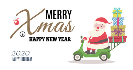 Greeting card with Santa ridding on scooter and gifts cartoon style for banner, tag, decoration, web site, calendar, holiday cover, flyer, brochure, poster, invitation, festive. Vector 10 eps