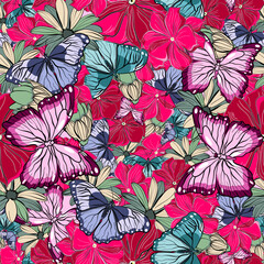 Seamless botanical vector pattern with butterflies and flowers 