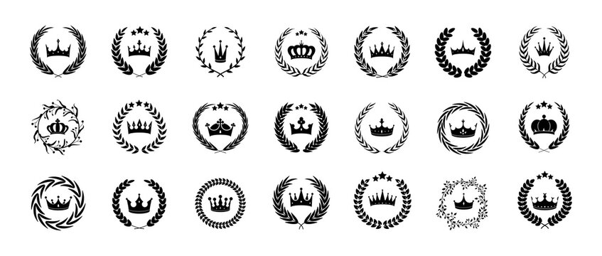 Beautiful black wreaths set. Flower frames with crown in center. Luxurious headdress decorated stars. Design element for logo or emblem. Cartoon flat vector collection isolated on white background