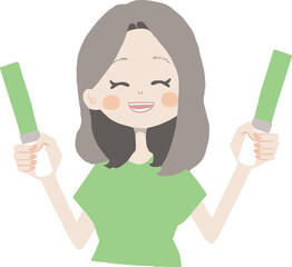 ライブTシャツを着た女の子が笑顔でペンライトを2本持ってを楽しんでいる様子のイラスト