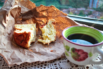 This is a bread made by my mother-in-law in Medellin, Colombia. I ate it one afternoon in May 2021 with a cup of coffee and the sunset on the horizon.