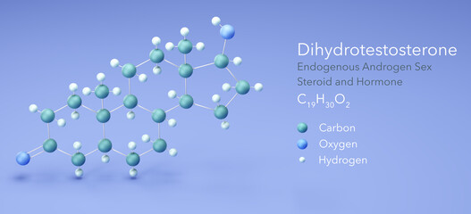 dihydrotestosterone, Endogenous Androgen Sex Steroid and Hormone. Molecular formula 3d rendering, Structural Chemical Formula and Atoms with Color Coding, 3d rendering - obrazy, fototapety, plakaty