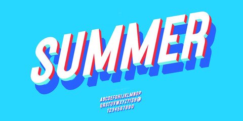 Summer font 3d bold style modern typography for decoration, logo, poster, t shirt, book, card, sale banner, printing on fabric, industrial. Cool typeface. Trendy fun alphabet. Vector 10 eps