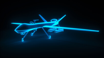 Fototapeta na wymiar a military drone wireframe glowing blue (3d rendering)