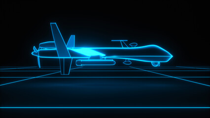 a military drone wireframe glowing blue (3d rendering)