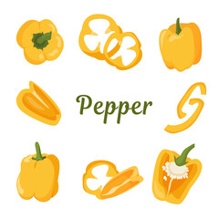 Yellow pepper. Set yellow pepper whole, cut, rings and slices. Vector illustration on a white background. Suitable for menus, restaurants, posters, illustrations of articles