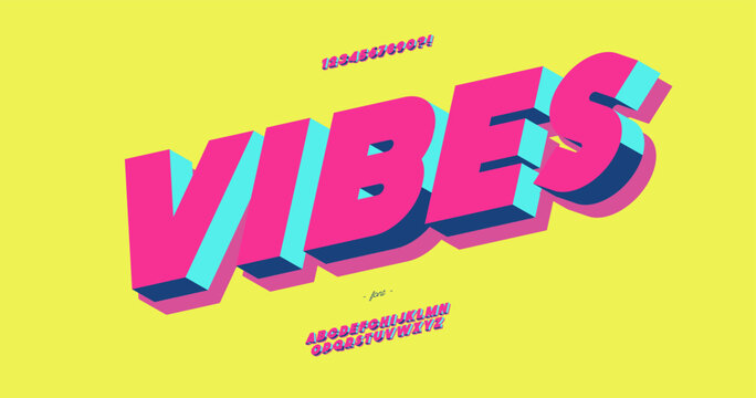 Vibes 3d bold typeface colorful style trendy typography for decoration, logo, party poster, t shirt, book, card, sale banner, printing on fabric, stamp. Cool alphabet. Modern font. Vector 10 eps