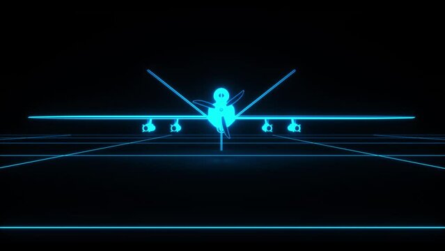 a military drone wireframe glowing blue (3d rendering)