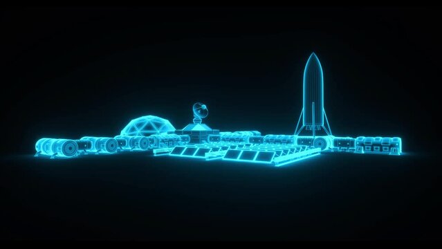 a blue wireframe from a space station outpost (3d rendering)
